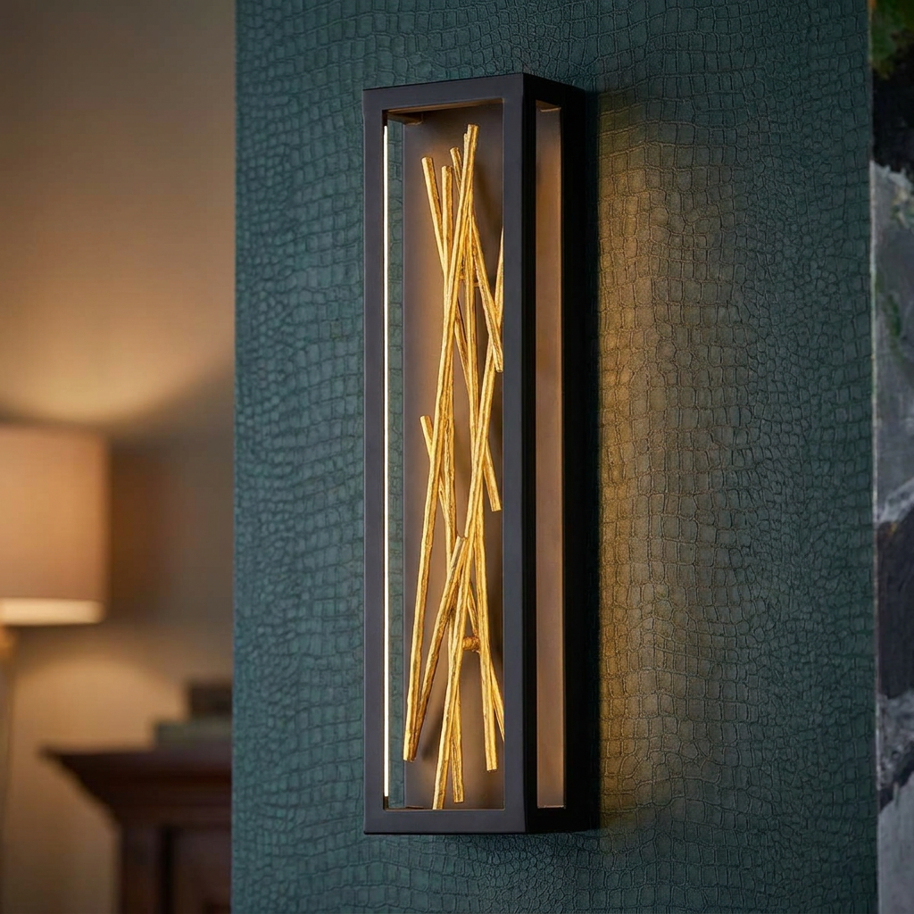 Styx LED wall light with a black rectangular frame and golden branches on a dark green textured wall.