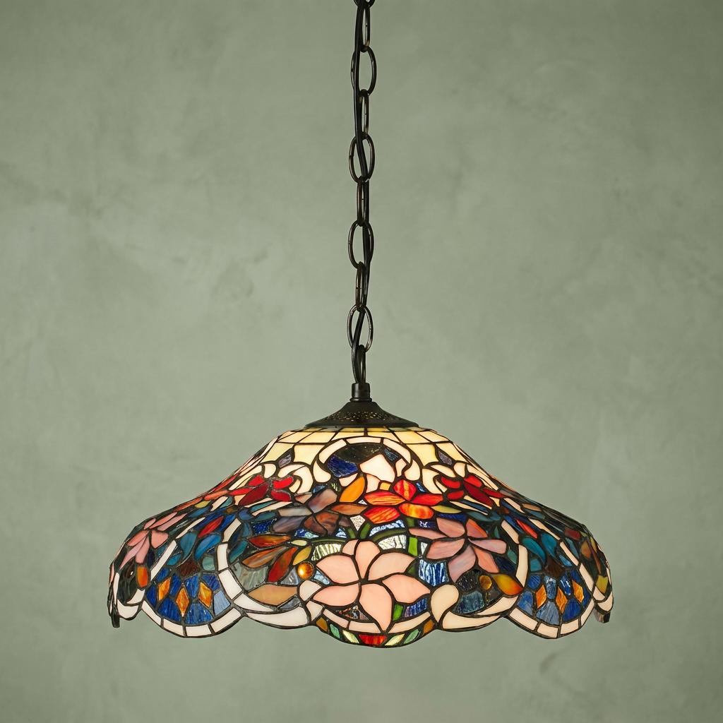Sullivan Medium Tiffany ceiling light featuring a colorful floral stained glass shade hanging from a dark chain.