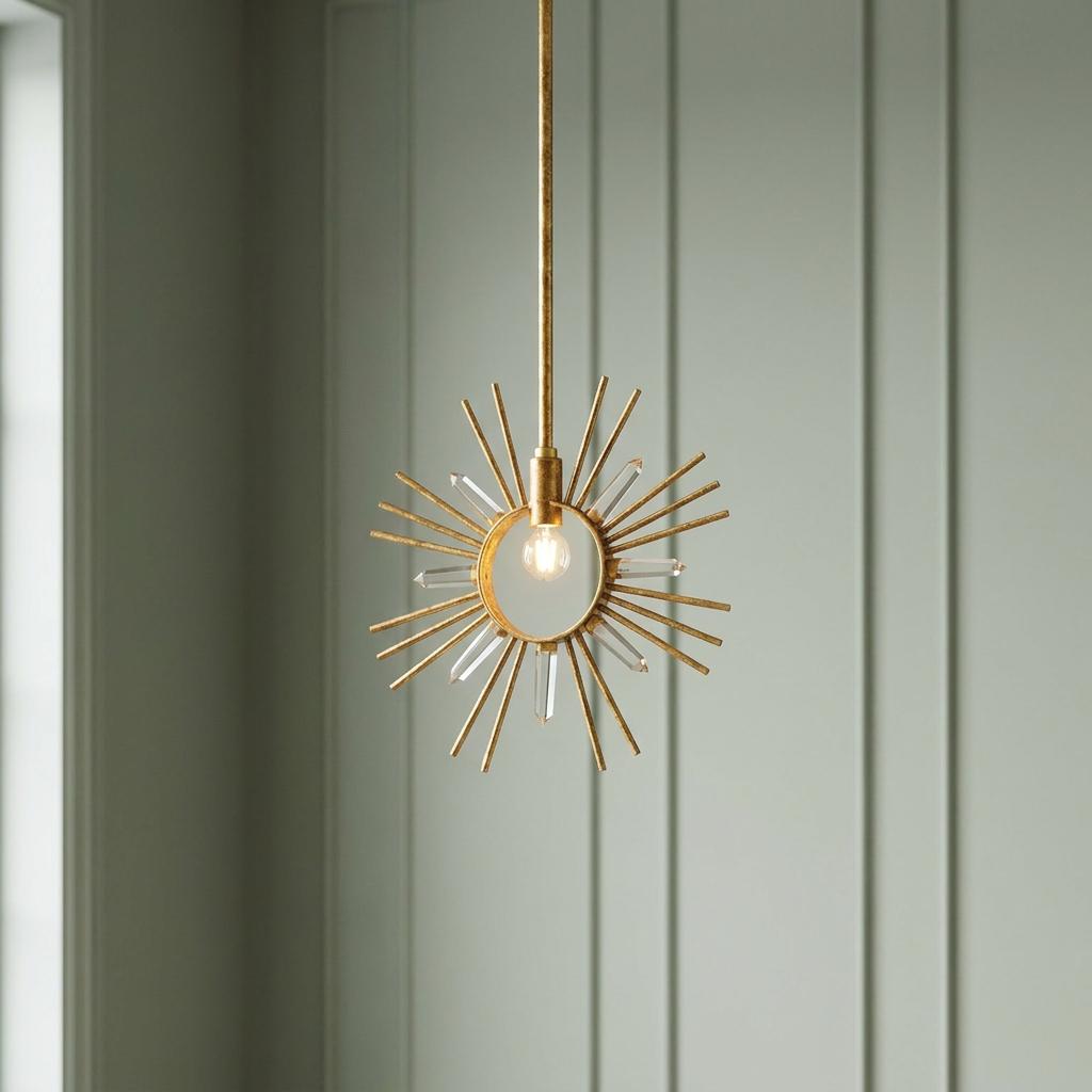 Sun King gold leaf sunburst pendant light with crystal accents against a sage green paneled wall.