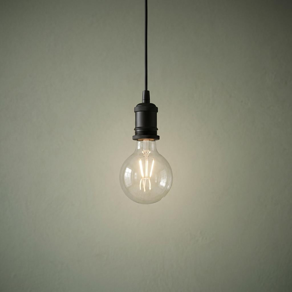 Minimalist black pendant light with a glowing clear glass globe bulb hanging against a pale green wall.