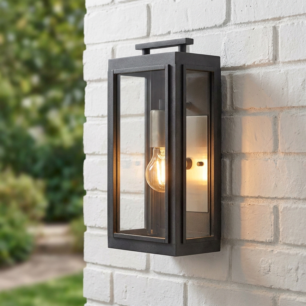 Sutcliffe outdoor wall lantern in aged zinc with a glowing bulb mounted on a white brick wall.