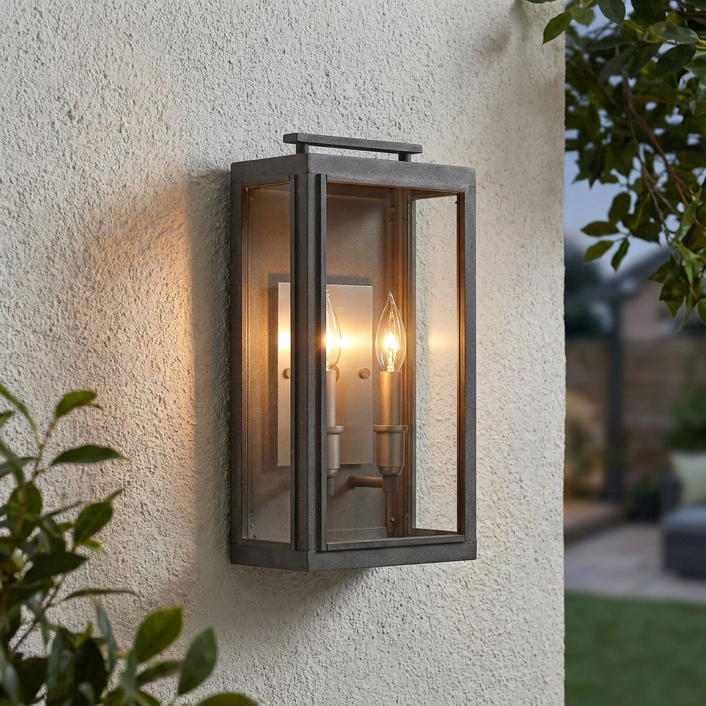 Sutcliffe 2 light aged zinc outdoor wall lantern with clear glass panels mounted on a light stucco wall.