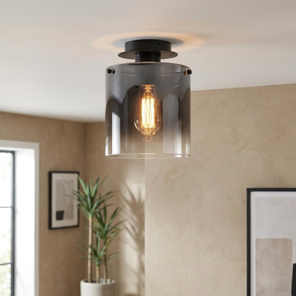 Flush black ceiling light with a smoked glass cylinder shade and glowing filament bulb in a neutral room.