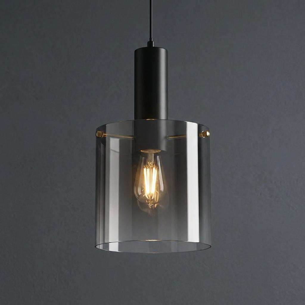 A modern pendant ceiling light with a smoked glass cylindrical shade and a black metal stem.