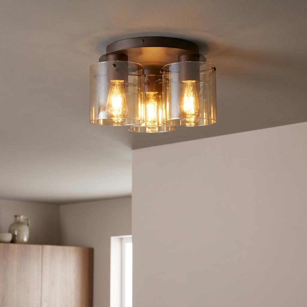 Mocha metal flush ceiling light with three amber glass cylinders and glowing Edison bulbs.