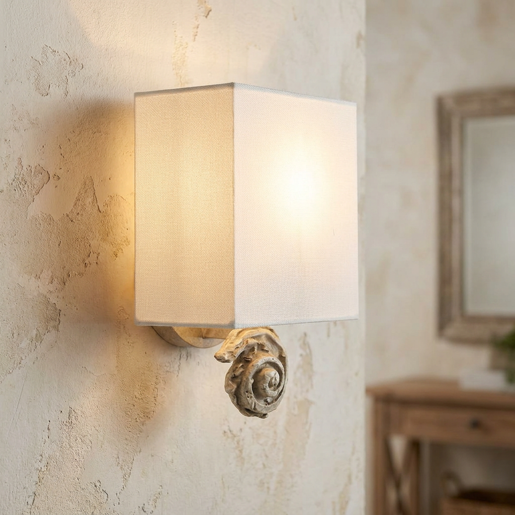 Rectangular fabric shade wall light with a decorative swirl base glowing against a textured neutral wall.