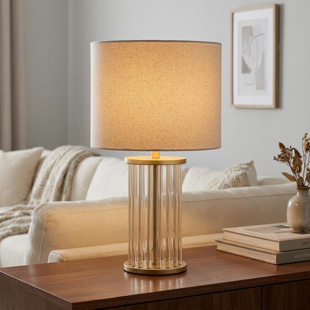 A champagne and gold table lamp with a beige linen shade sits illuminated on a wooden table in a living room.