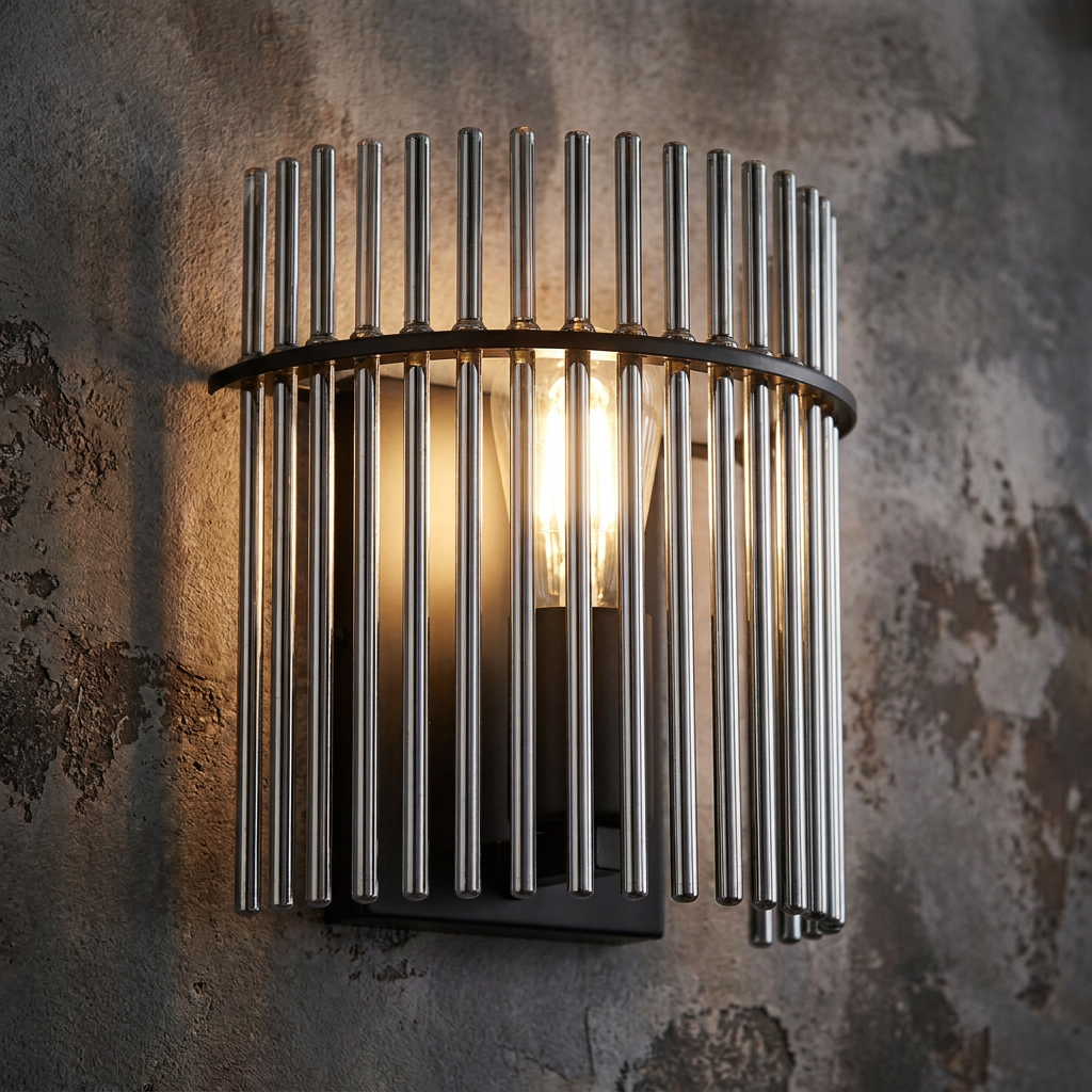 Swizzle matt black wall light with smoked glass rods emitting a warm glow on a textured industrial wall.
