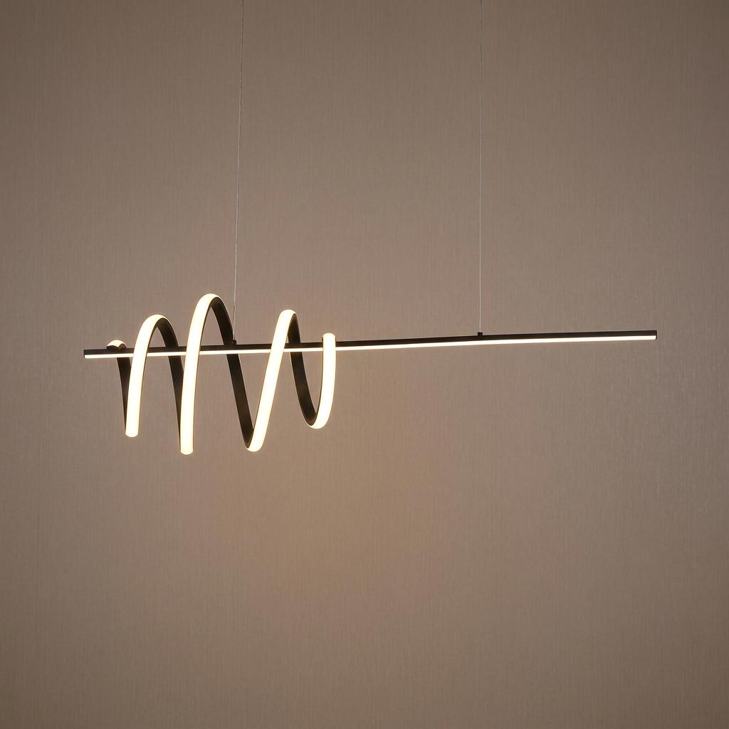 Modern black metal Sword LED Pendant featuring a horizontal rod entwined by a glowing white spiral loop.