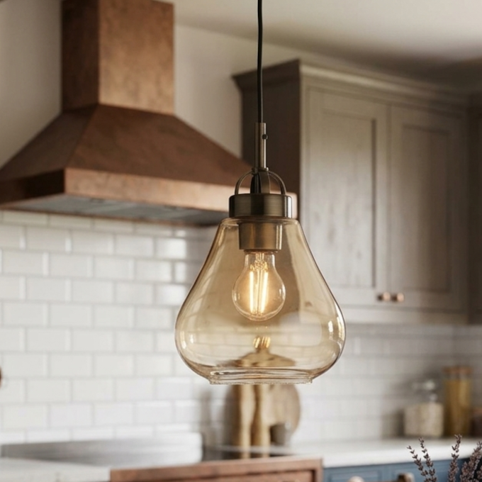 Turua Antique Brass & Amber Glass Kitchen Ceiling Light