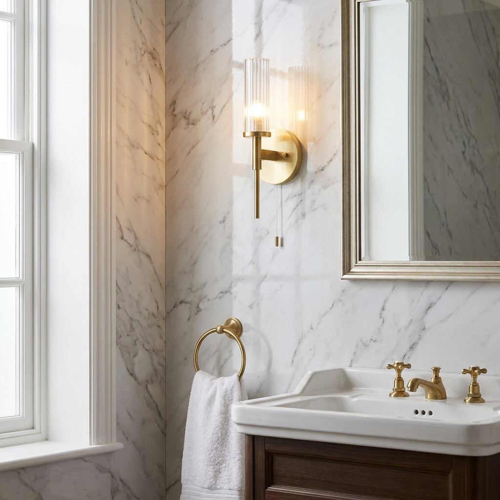 Talo Brass & Ribbed Cylinder Glass Shaded Bathroom Wall Light-WAREHOUSE-40-290626