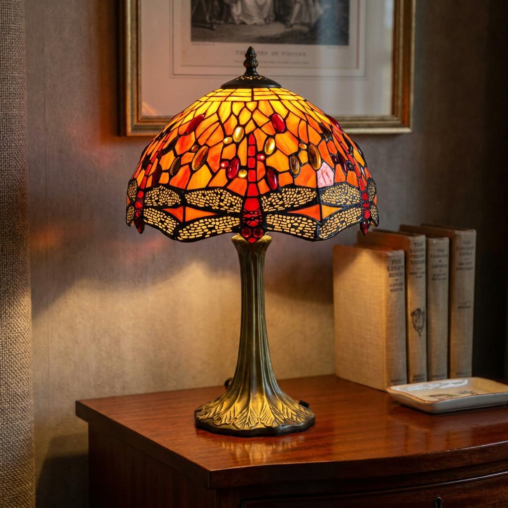 Lit Tangerine Dragonfly Tiffany Lamp with a vibrant orange and red stained glass shade on a wooden bedside table.