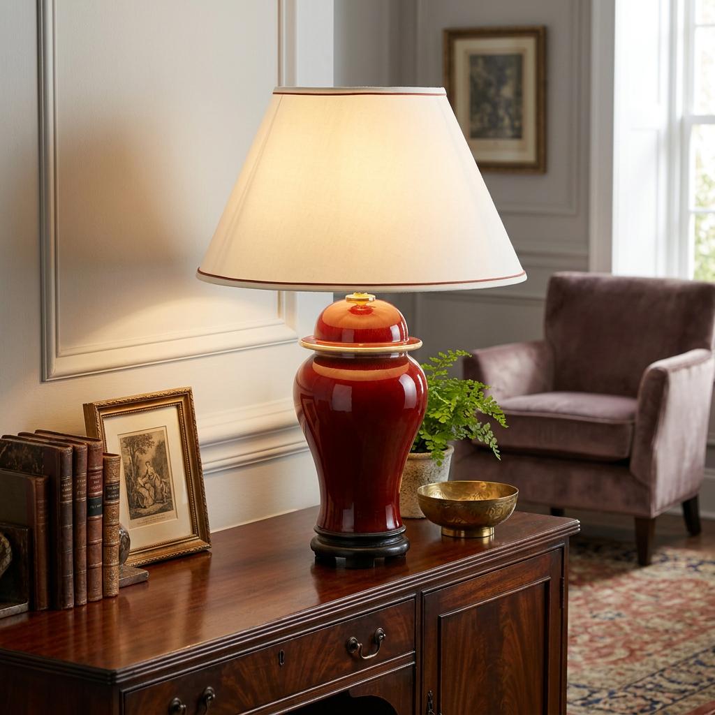 Oxblood ceramic temple jar table lamp with an off-white tapered shade on a dark wood sideboard.