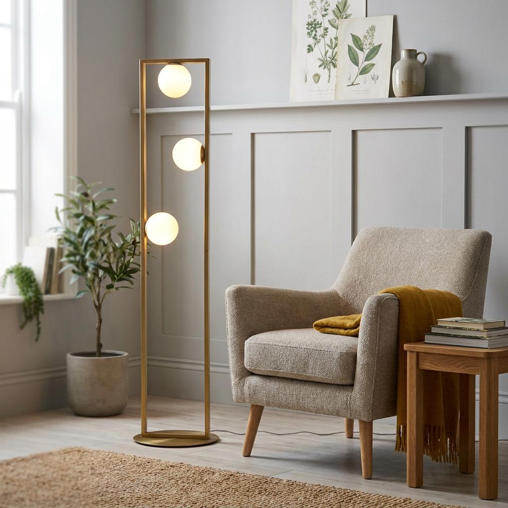Modern gold rectangular floor lamp with three white globe lights standing next to a beige armchair in a living room.