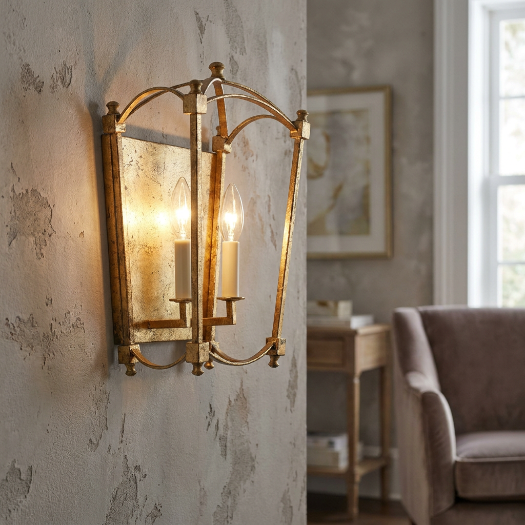Gold arched lantern wall sconce with two candle lights on a textured wall in a living room.