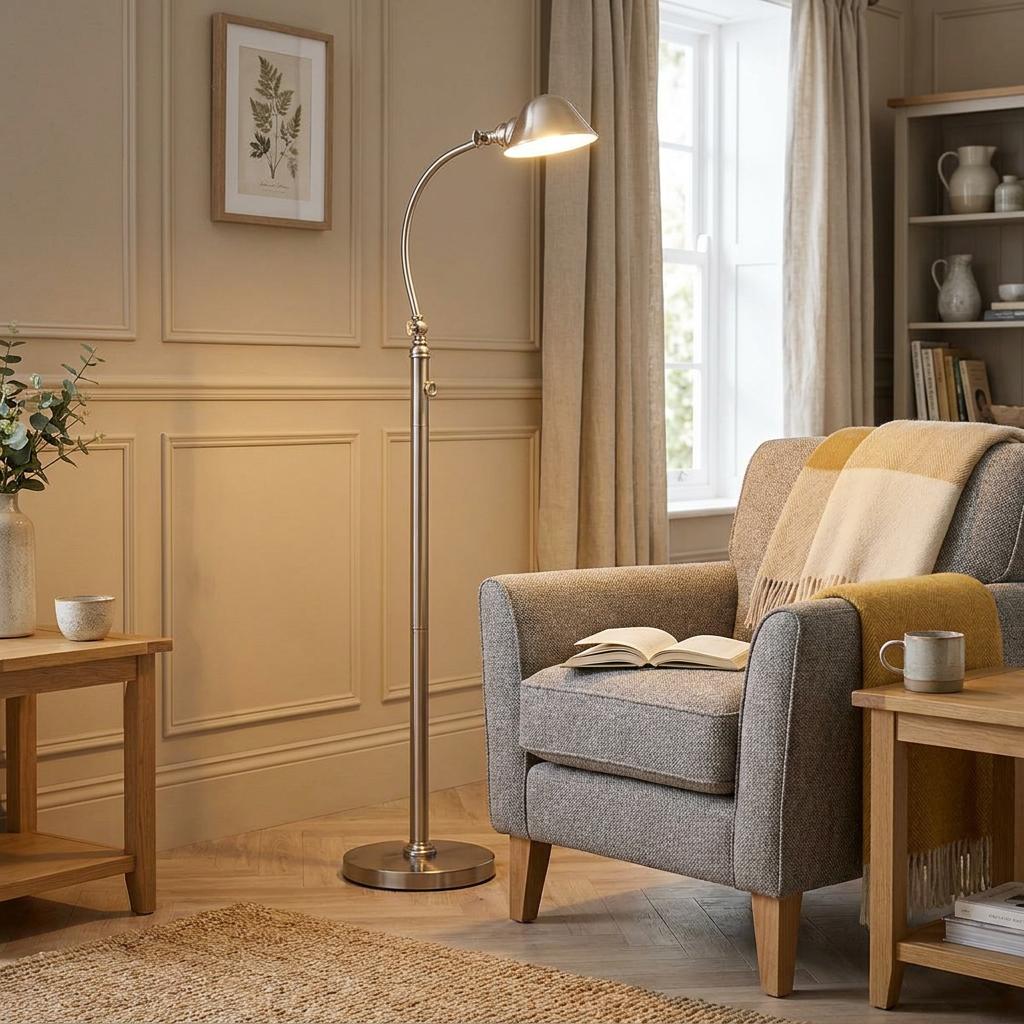 Thompson LED nickel floor reading lamp illuminating a grey armchair in a living room setting.