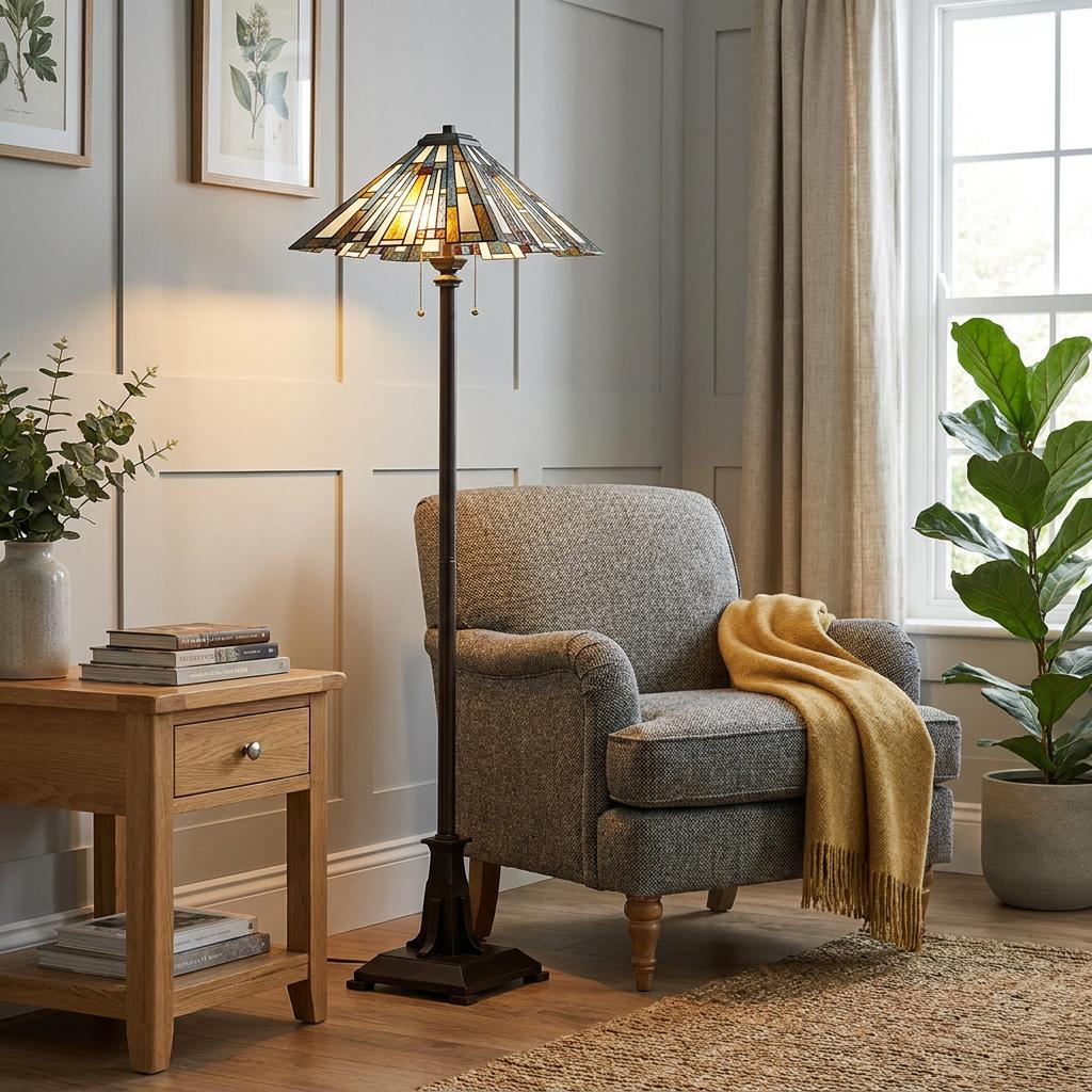 Tiffany-style floor lamp with a geometric glass shade standing next to a grey armchair in a cozy living room.