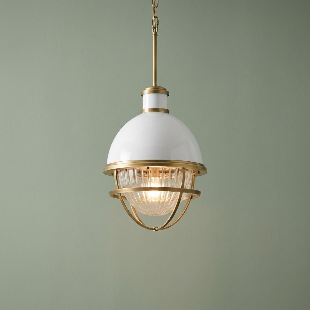 Tollis pendant light with a white dome, ribbed glass globe, and brass cage against a sage green background.