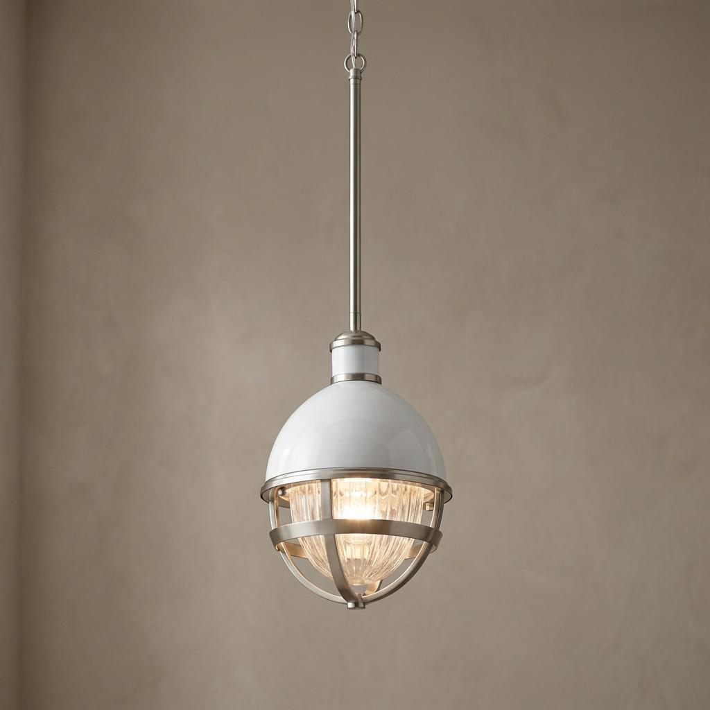 Tollis mini pendant light featuring a white dome and ribbed glass globe enclosed in a brushed nickel cage.