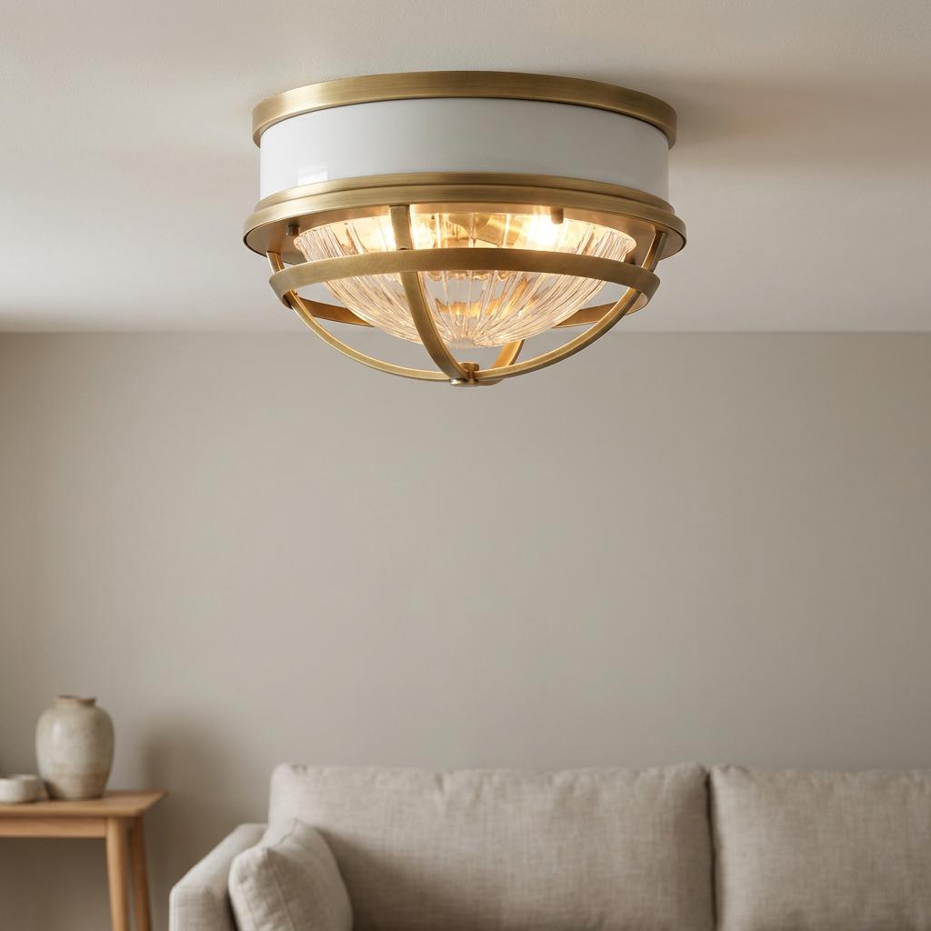 Tollis 2 light brass and white flush ceiling light with a nautical cage design over a living room sofa.