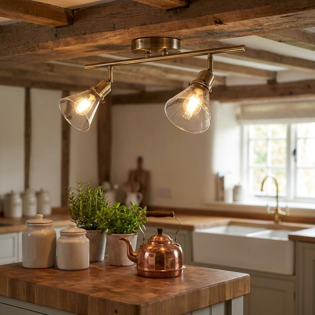 Antique brass twin bar spotlight with glass shades mounted on a rustic wooden beam in a traditional kitchen.