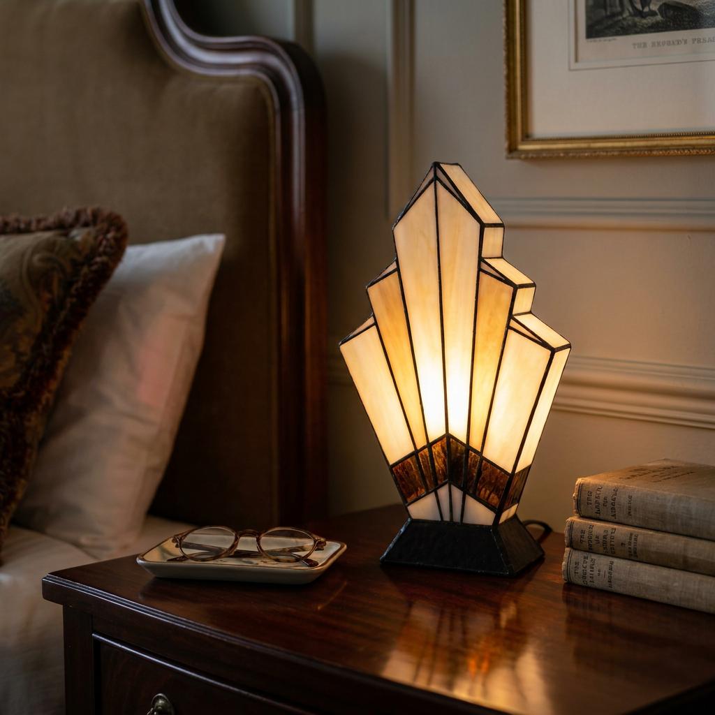 Art Deco fan-shaped Tiffany table lamp glowing on a bedside table next to a stack of books and reading glasses.