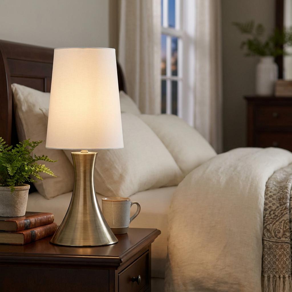 Antique brass touch table lamp with white tapered shade on a dark wood bedside table.
