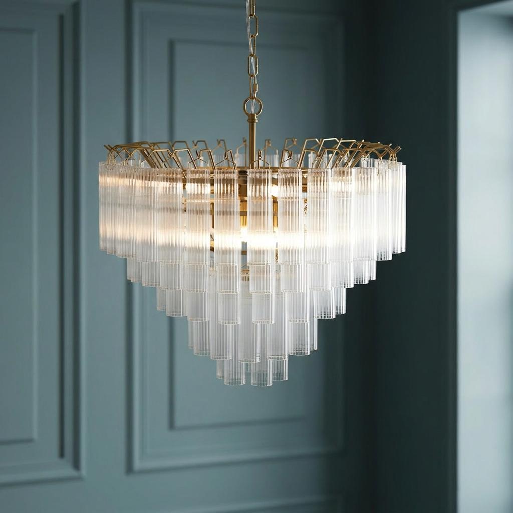 Multi-tiered brass chandelier with clear fluted glass rods hanging against a dark teal paneled wall.
