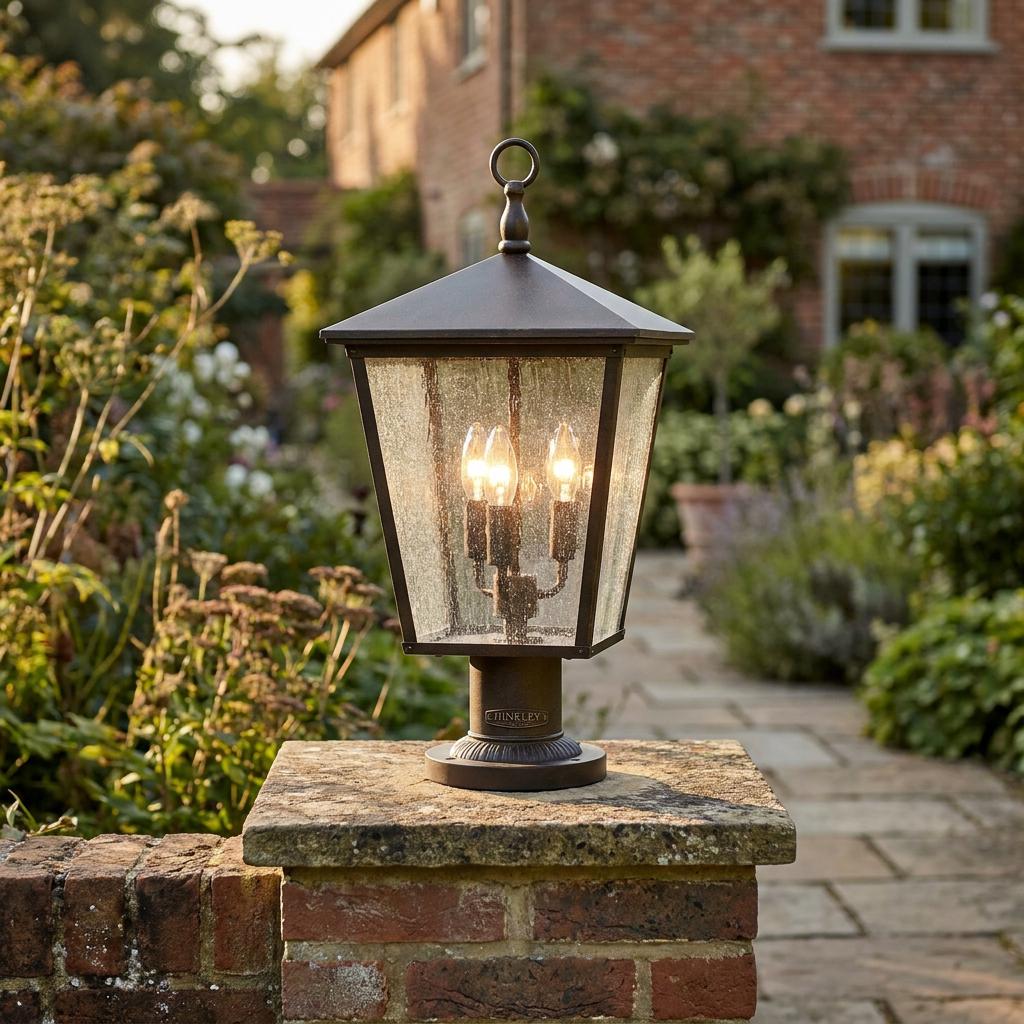 Traditional bronze pedestal lantern with seeded glass and three lit bulbs on a brick garden pillar.