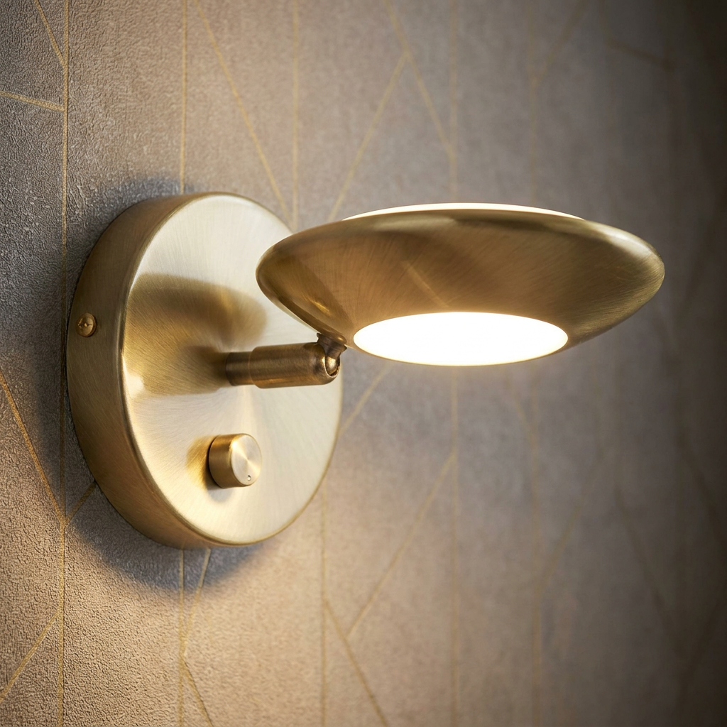 Trento Antique Brass wall light with an adjustable saucer-shaped head and a dimmer knob on a geometric wall.