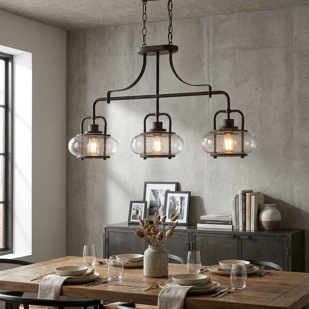 Trilogy 3-light bronze kitchen island light with seeded glass shades hanging over a wooden dining table.