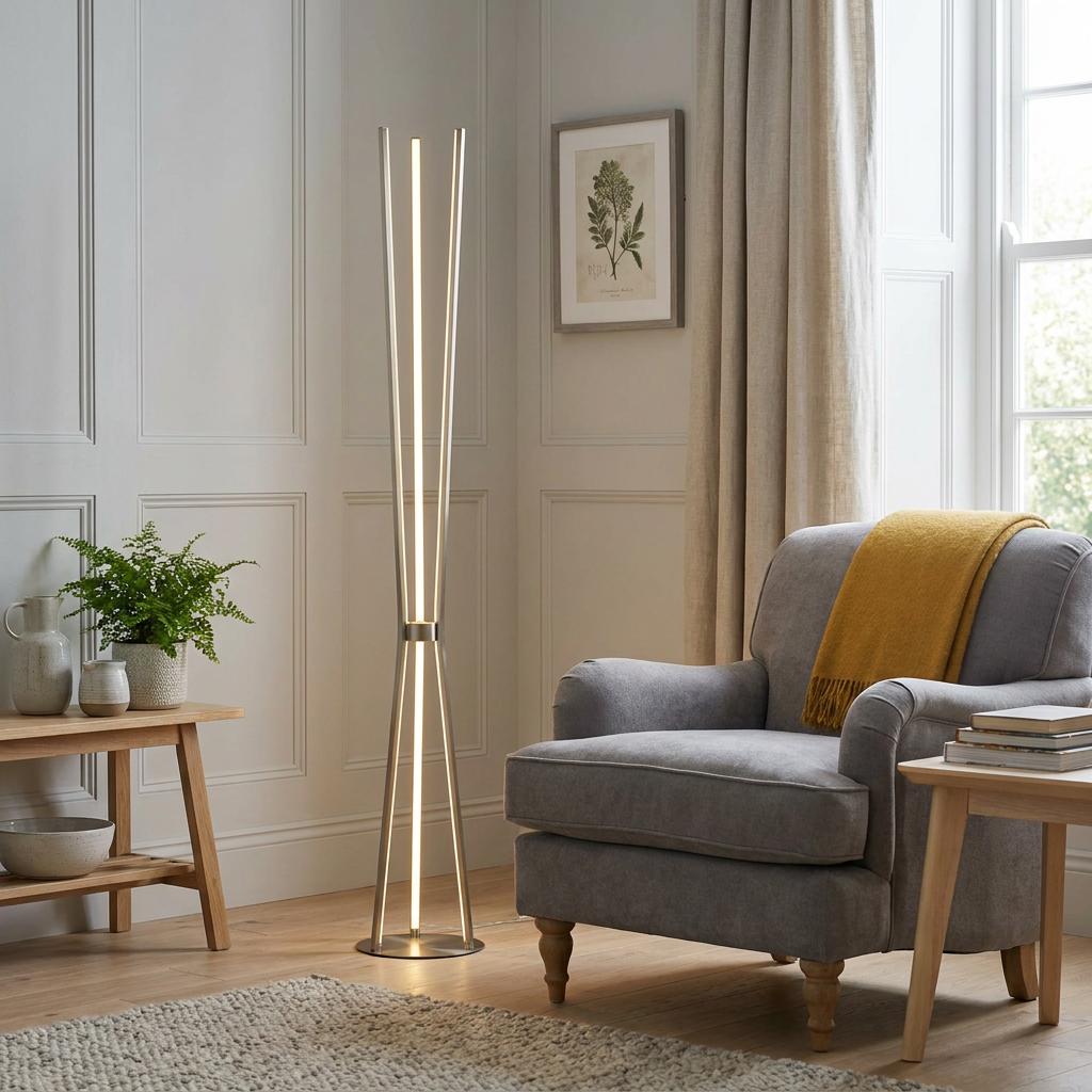 Tripod modern LED satin nickel floor lamp glowing beside a grey armchair in a neutral living room.