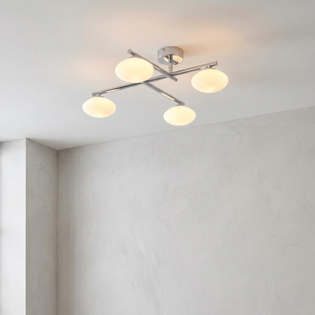 Trocadero 4-light chrome Art Deco semi-flush bathroom light with opal glass shades on a white ceiling.