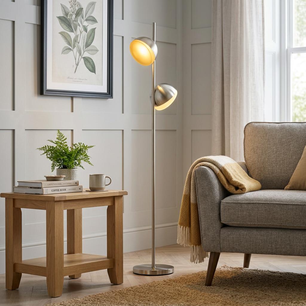 Satin silver floor lamp with two adjustable heads between a grey armchair and a wooden side table.