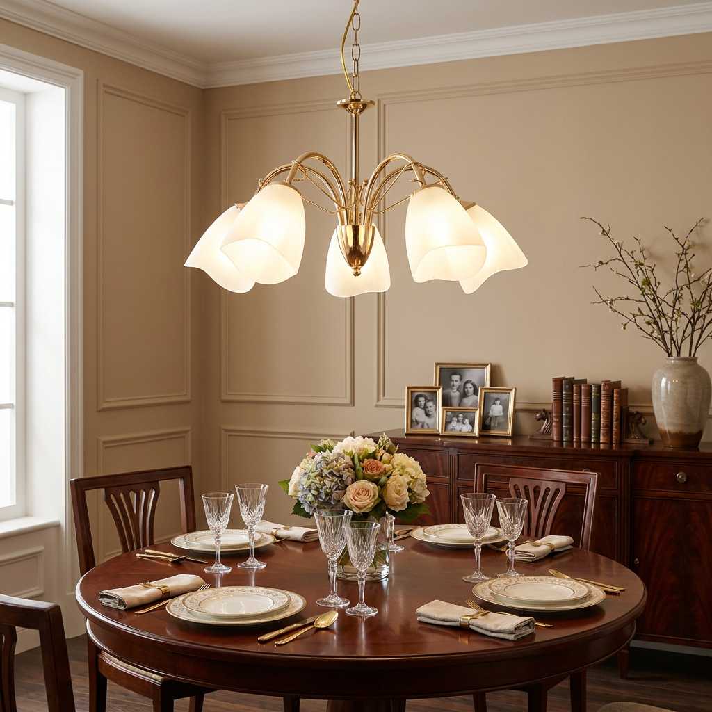 Turin Polished Brass 5 Light Chandelier with flared white shades above a formal dining table.