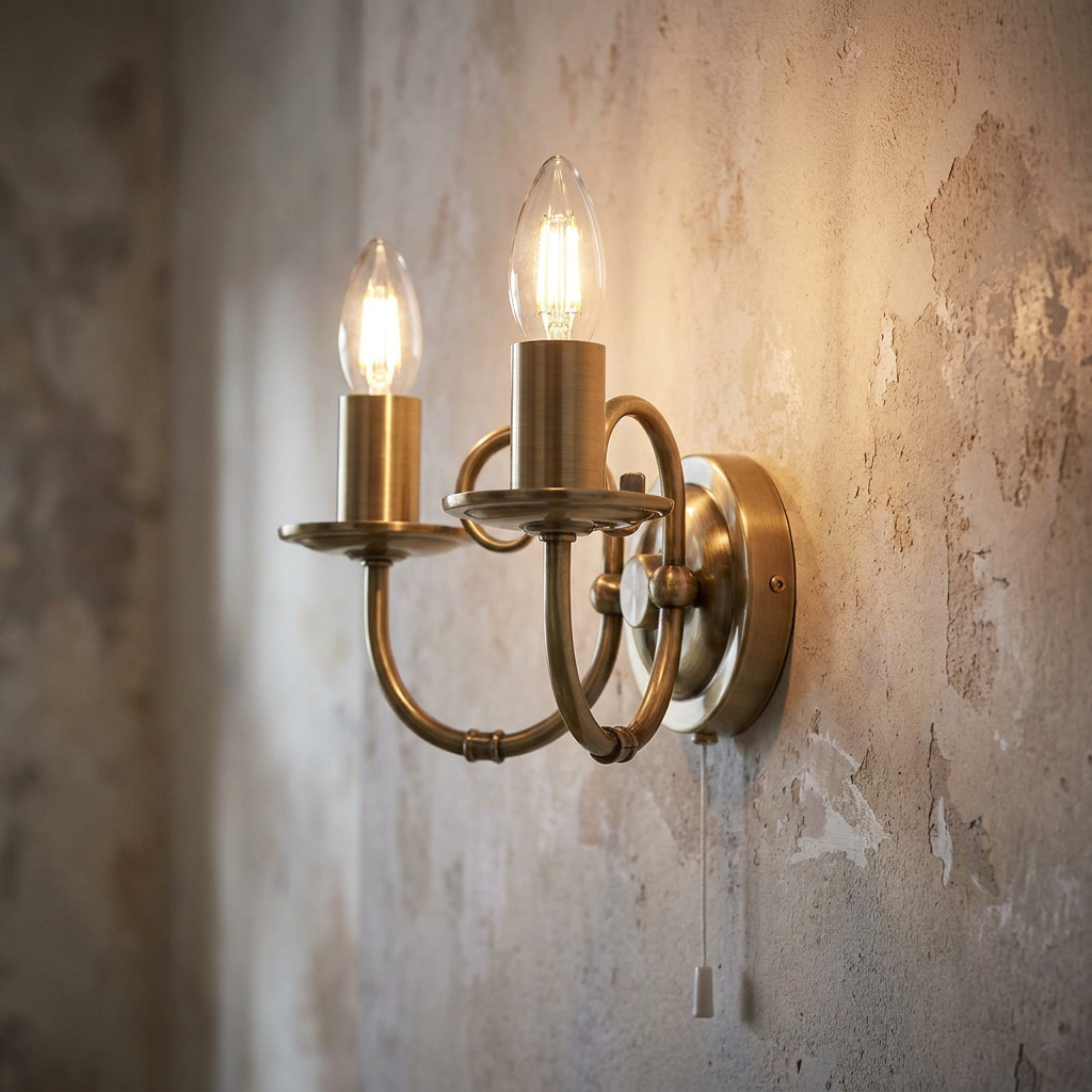 Tuscany Antique Brass Finish Double Wall Light with two lit candle bulbs on a rustic, textured wall.