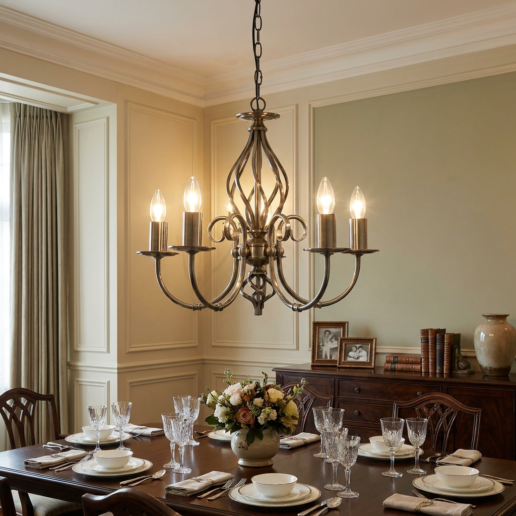 Antique silver 5-light chandelier with curved arms hanging over an elegantly set dining table in a traditional room.