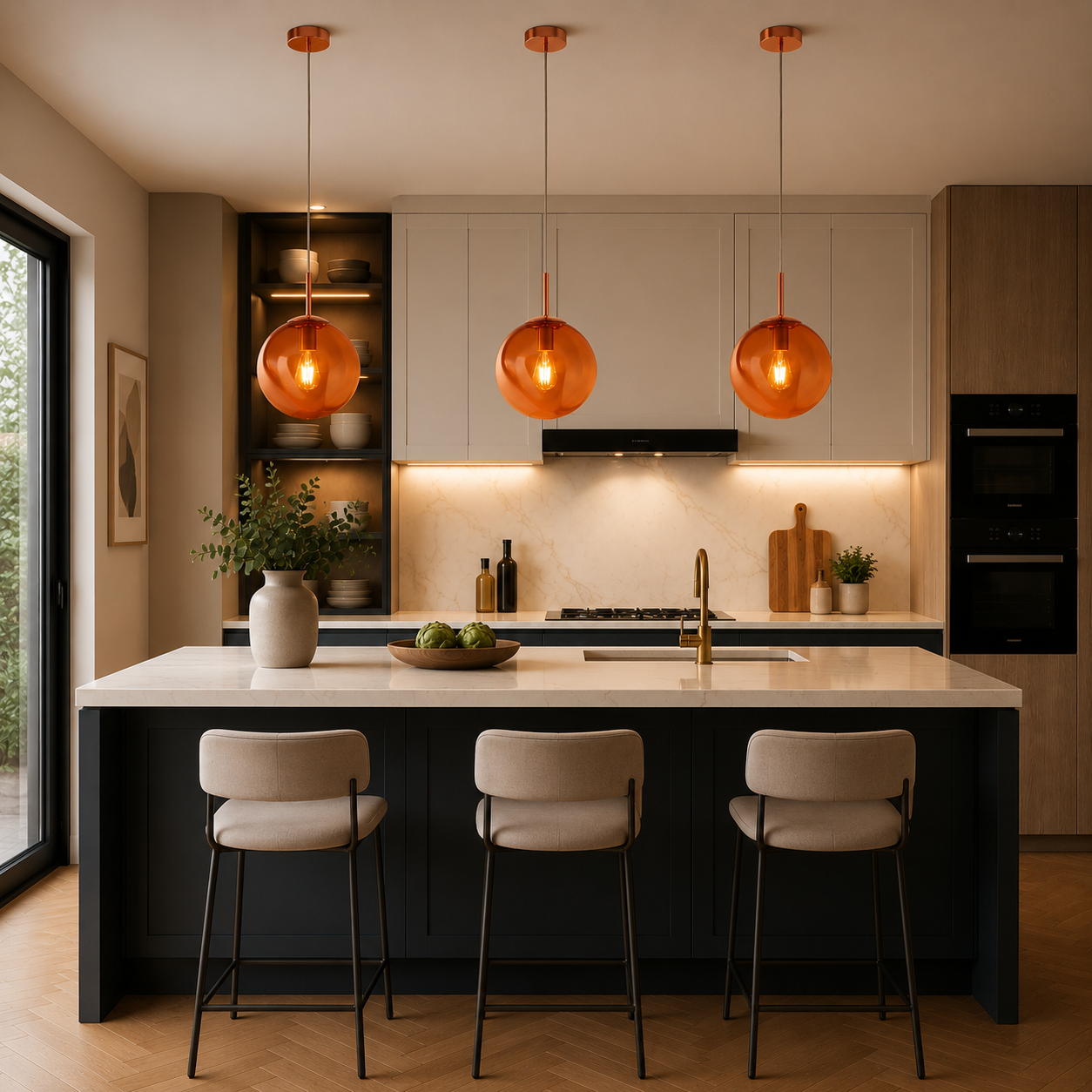 Modern kitchen with pendant lights, island, and bar stools.