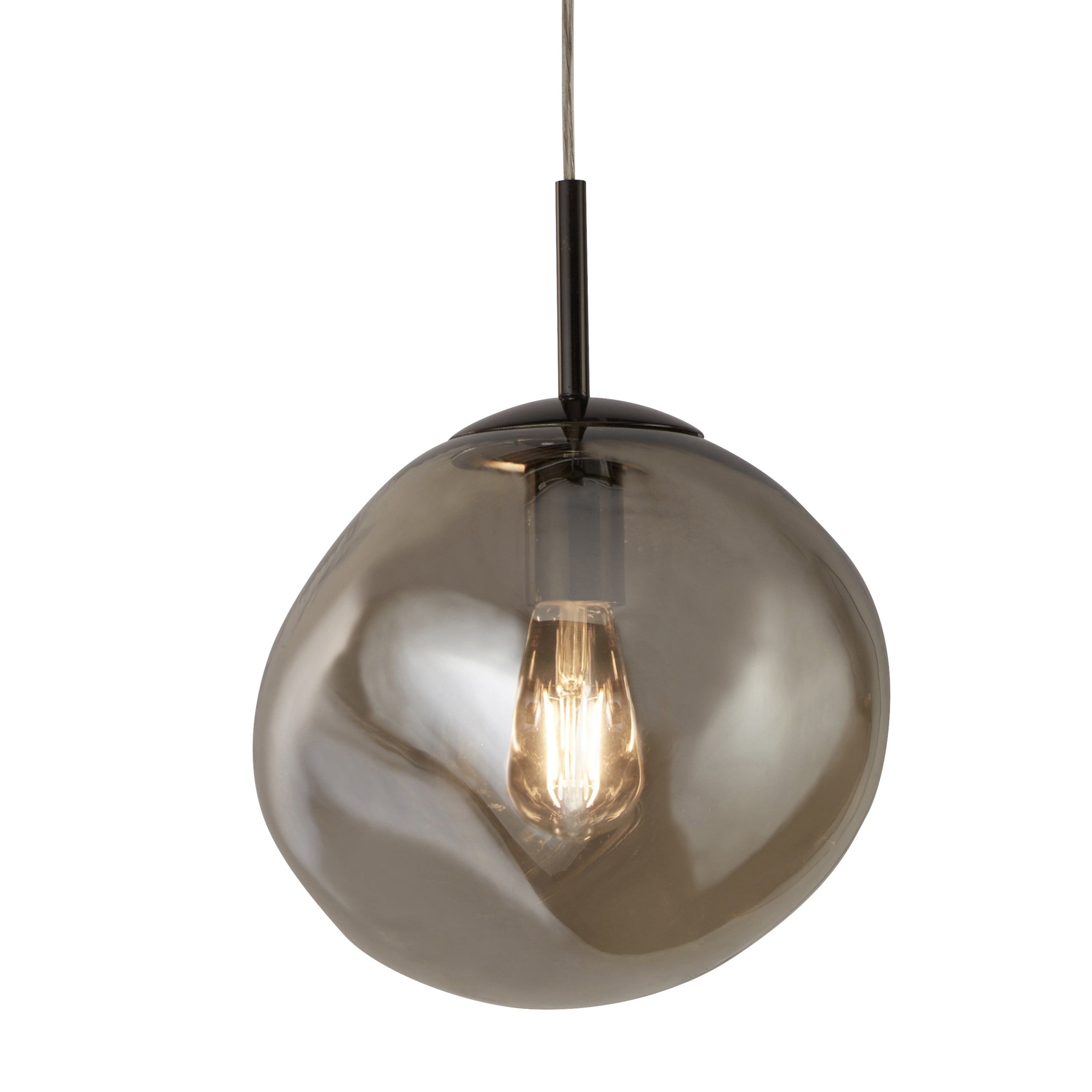 Spherical pendant light with a clear glass shade on a white background