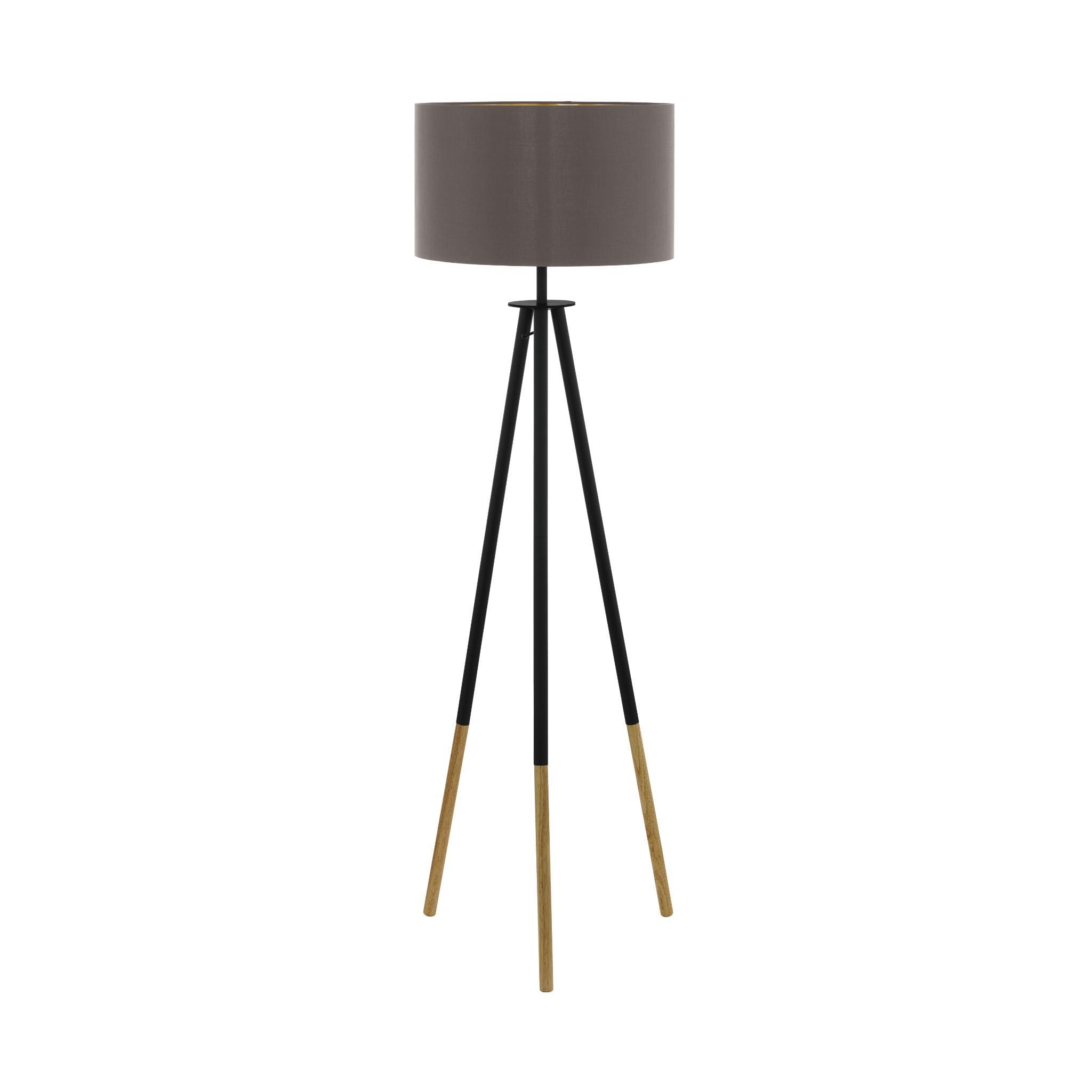 eglo bidford wood black tripod floor lamp brown fabric shade living room close up