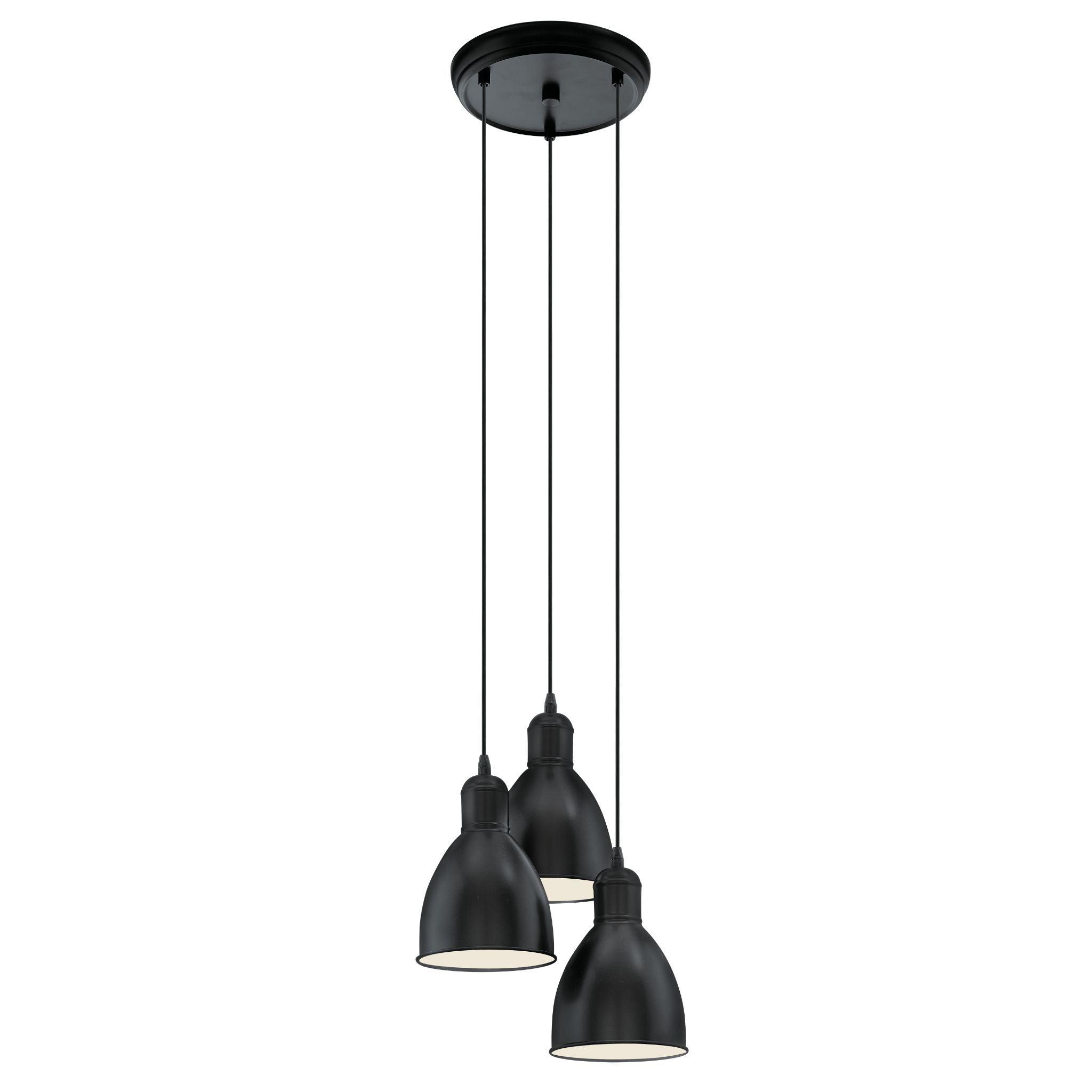eglo priddy 3 light black metal industrial shaded ceiling pendant living room close up