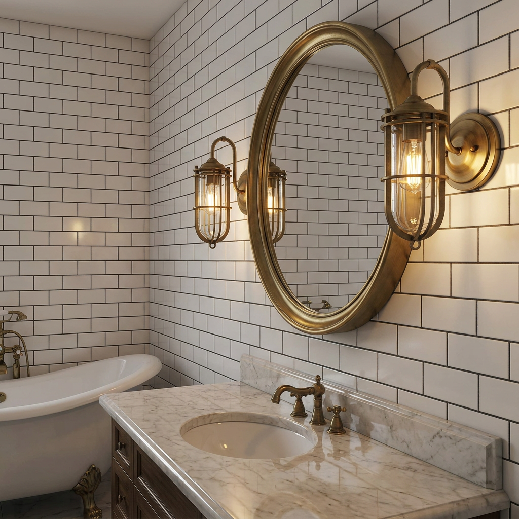 Brass cage bathroom wall lights illuminating a marble vanity and oval mirror against white subway tile.