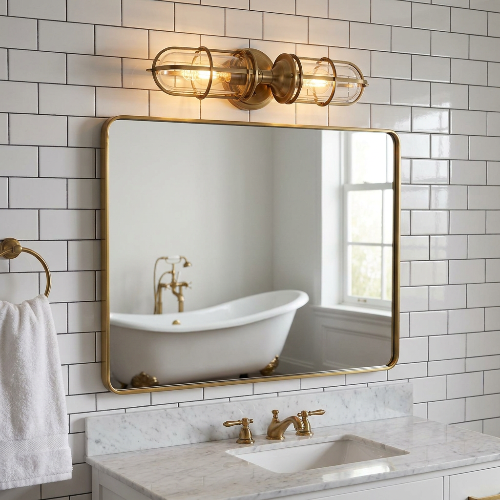 Two-light brass cage wall sconce mounted above a mirror in a white subway-tiled bathroom.