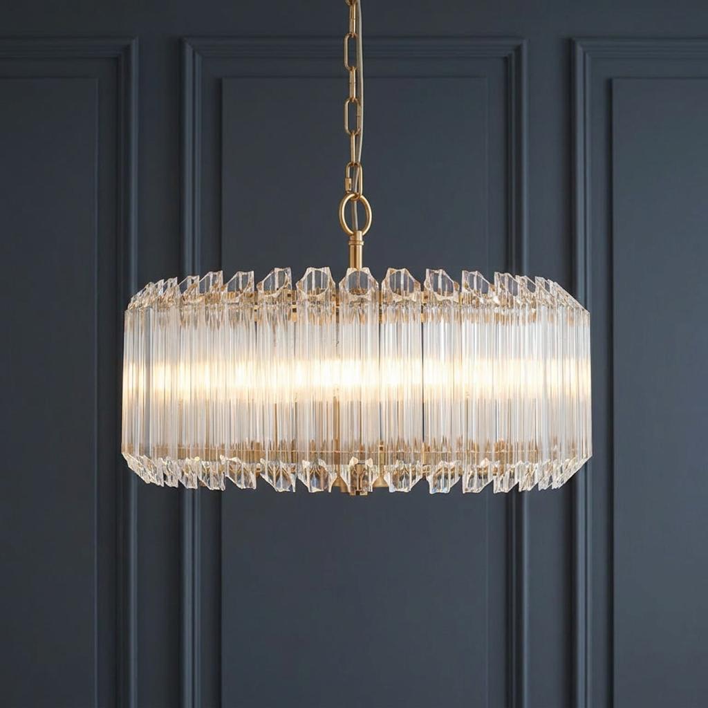 Valentina brass 5 light pendant with hexagonal glass rods glowing against a dark paneled wall.