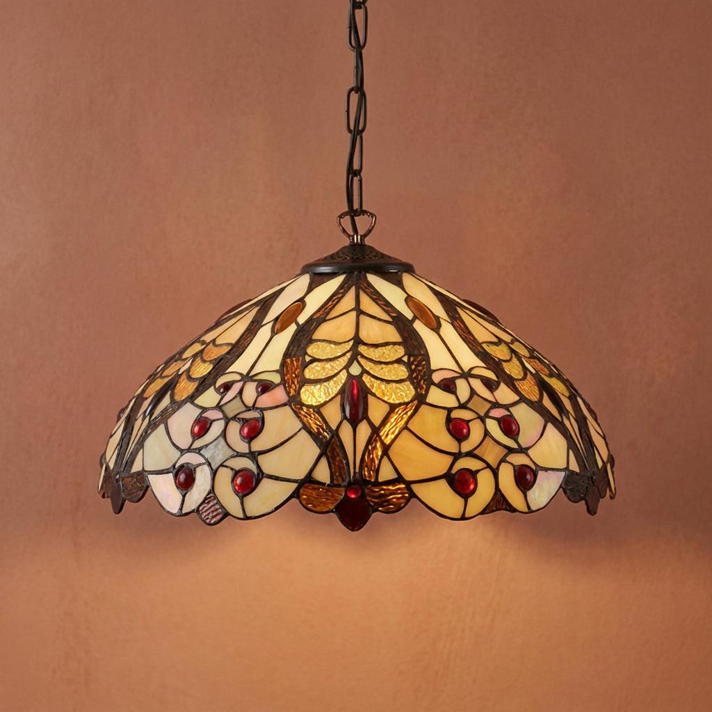 Valentino Tiffany pendant light with an ornate cream and red jewel stained glass shade hanging against a brown wall.