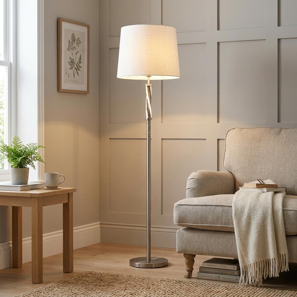 Satin silver floor lamp with a twisted stem and white shade illuminates a cozy living room corner.