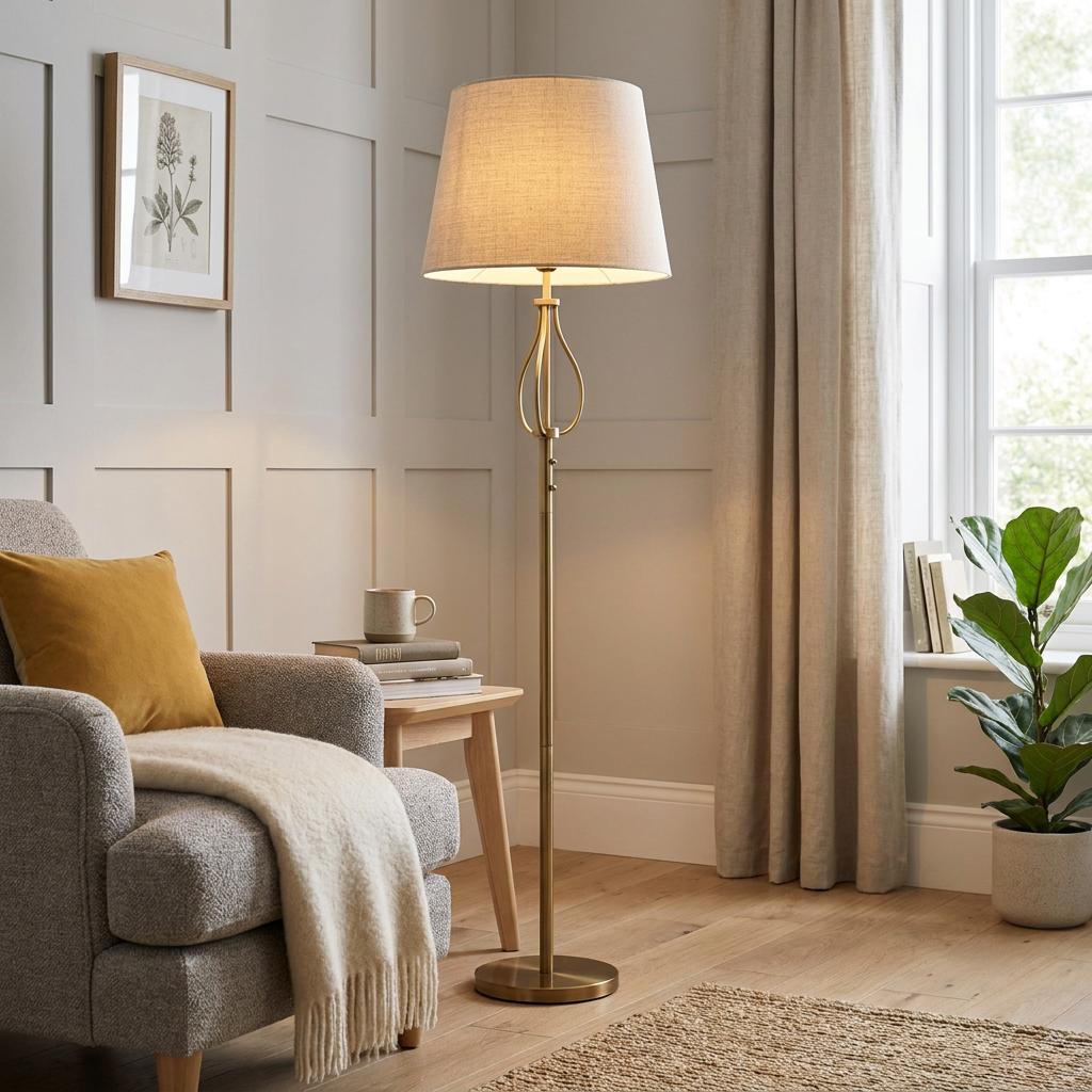 Antique brass floor lamp with a cream hessian shade in a cozy living room next to a grey armchair.