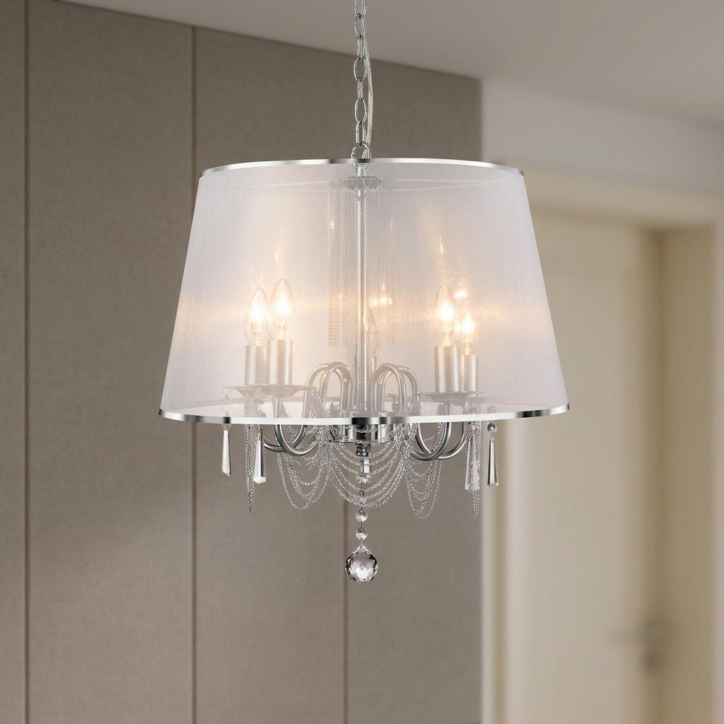A five-light chrome pendant chandelier with a translucent white voile drum shade and crystal glass droplets.