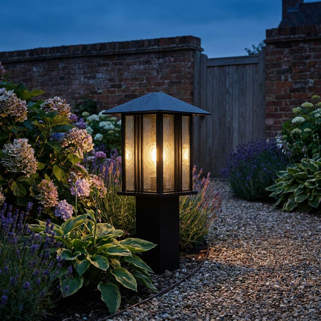 Black lantern bollard light with water glass panels glowing in a garden beside a gravel path at dusk.