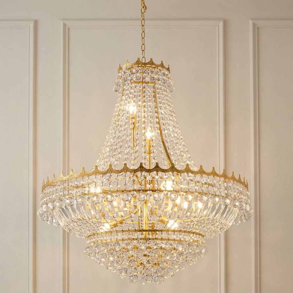 A grand 13-light gold chandelier with tiered clear crystals glowing against a neutral paneled wall.